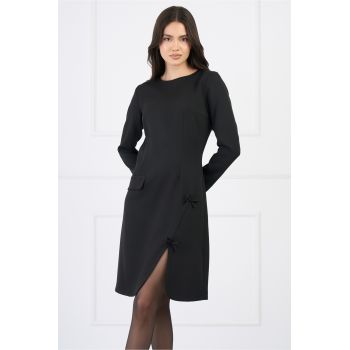 Rochie Moze office din stofa neagra cu funde si crepeu pe fusta