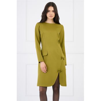 Rochie Moze office din stofa verde lime cu funde si crepeu pe fusta