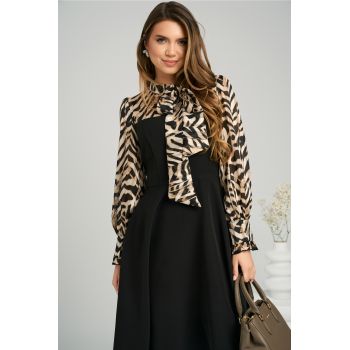 Rochie office din stofa cu voal la bust si animal print bej