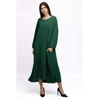 Rochie plisata A-line cu maneca lunga cu elastic, verde inchis