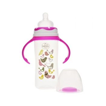 Biberon gat larg cu manere 270 ml cu tetina silicon 3+ Minut Baby roz