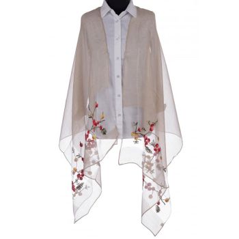 Esarfa din matase bej, cu broderie flori pe fond transparent de organza