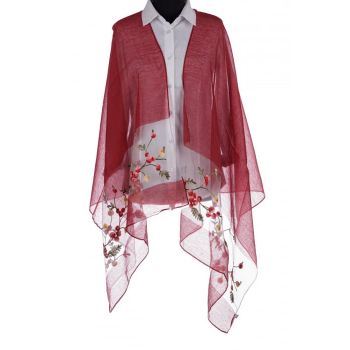 Esarfa din matase bordo, cu broderie flori pe fond transparent de organza