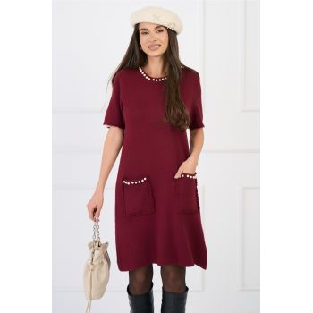 Rochie casual din tricot burgundy cu perle si maneci scurte