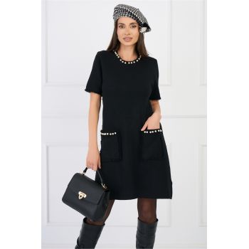 Rochie casual din tricot neagra cu perle si maneci scurte