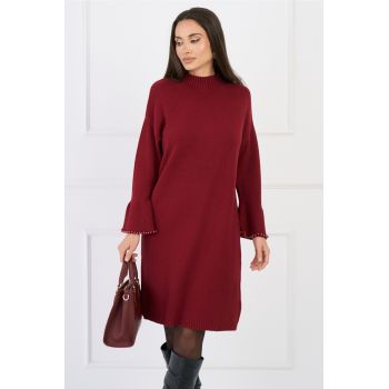 Rochie din tricot bordo cu perle la maneci