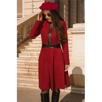 Rochie DY Fashion office burgundy din velur cu piele ecologica si fermoar la bust