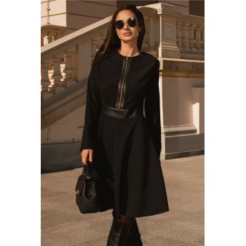 Rochie DY Fashion office neagra din velur cu piele ecologica si fermoar la bust