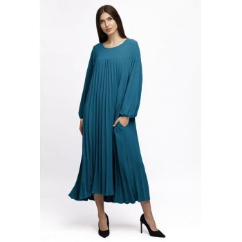 Rochie plisata A-line cu maneca lunga cu elastic, turcoaz inchis