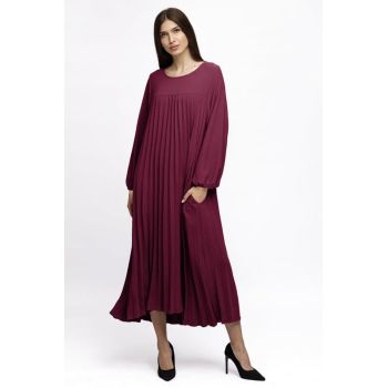 Rochie plisata A-line cu maneca lunga cu elastic, mov zmeura