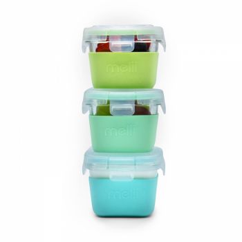 Set 3 recipiente sticla cu husa din silicon Melii bluemint lime 160 ml