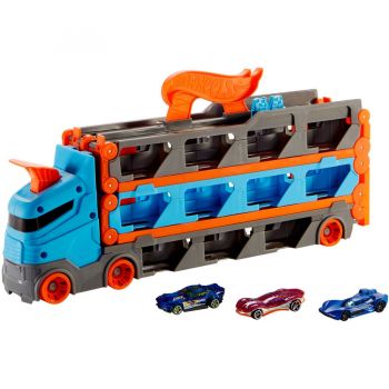 Hot Wheels 2-in-1 Racetrack Transporter Toy Vehicle (Blue/Orange)