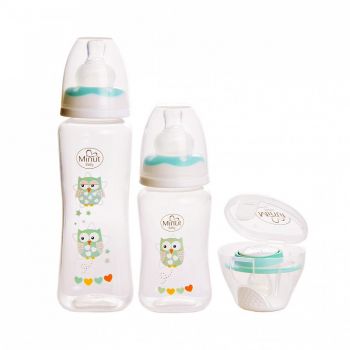 Set 2 biberoane 125 ml si 250 ml + suzeta in cutie sterilizare Minut Baby 0+ verde