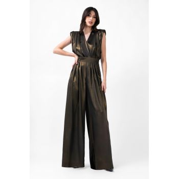 Black Maxi Jumpsuit With Gold Inserts And Draped Bodice