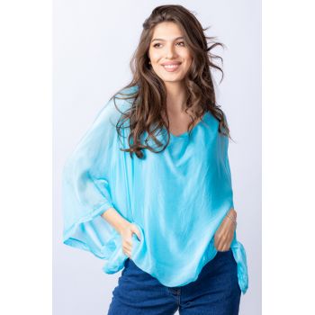 Bluza albastru aqua din matase naturala cu maneca fluture