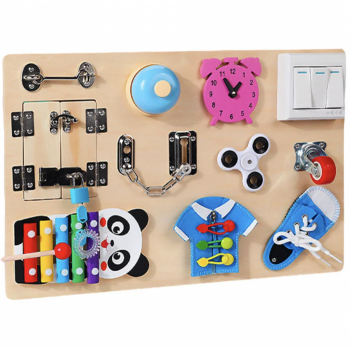 Joc Montessori Placa Busy Board cu 11 Activitati, Panda, din lemn