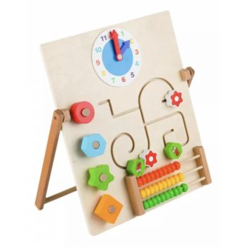 Joc Montessori Placa Busy Board cu 4 Activitati, cu Abac, din lemn