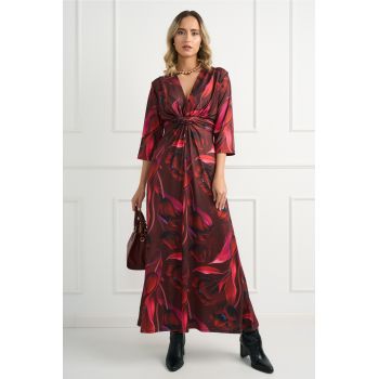 Rochie de zi din viscoza burgundy cu imprimeuri fucsia