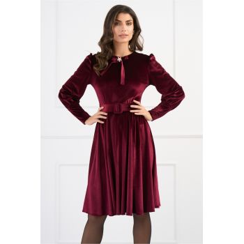 Rochie DY Fashion eleganta din catifea bordo cu funda la decolteu si curea in talie