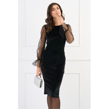 Rochie DY Fashion eleganta din catifea neagra cu maneci din tull cu buline