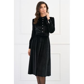 Rochie DY Fashion eleganta din catifea neagra cu nasturi si curea in talie