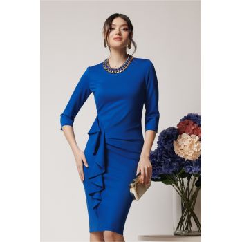 Rochie DY Fashion office din jerse albastra cu volan pe fusta