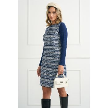 Rochie DY Fashion office din tweed albastra cu imprimeu pepit bleu