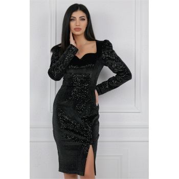 Rochie eleganta din catifea neagra cu paiete