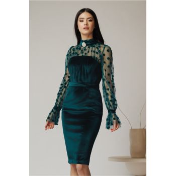 Rochie eleganta din catifea verde cu buline pe maneci