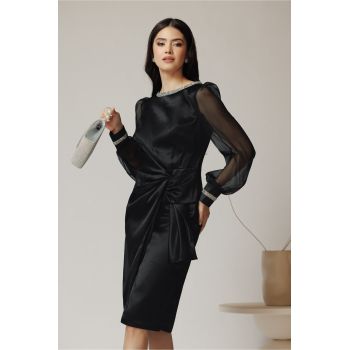 Rochie eleganta din satin neagra cu maneci din voal