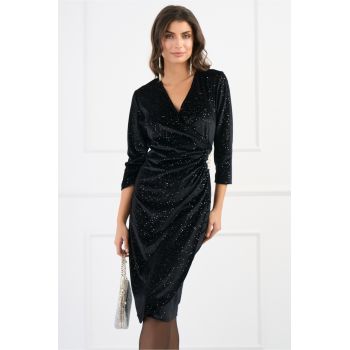 Rochie Ella Collection Felicia eleganta din catifea neagra cu glitter si aplicatie in talie