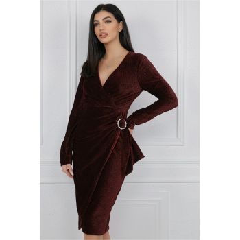 Rochie MBG eleganta din catifea burgundy cu insertii din fir lurex si catarama in talie