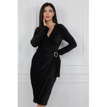 Rochie MBG eleganta din catifea neagra cu insertii din fir lurex si catarama in talie