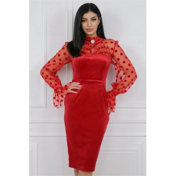 Rochie MBG eleganta din catifea rosie cu buline pe maneci