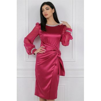 Rochie MBG eleganta din satin fucsia cu maneci din voal