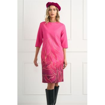 Rochie office din stofa fucsia cu imprimeu galben la baza