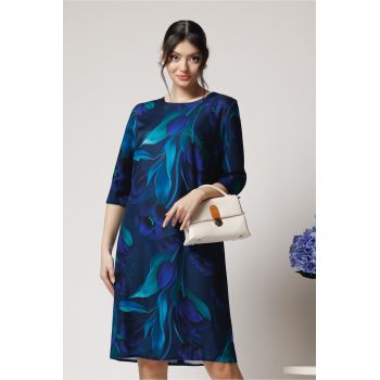 Rochie office din voal satinat bleumarin cu imprimeu verde