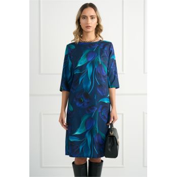 Rochie office din voal satinat bleumarin cu imprimeu verde