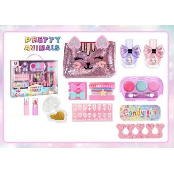 Set machiaj, manichiura unghii si accesorii de par cu portfard, Pretty Animals