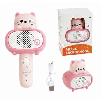 Microfon karaoke cu telecomanda, Bluetooth si incarcator cablu USB - Pisicuta roz