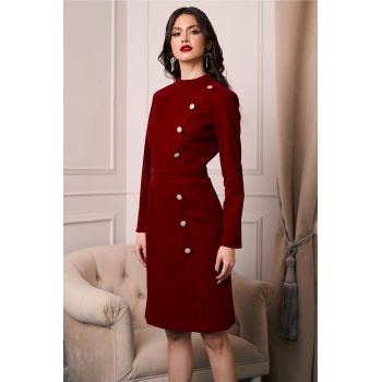 Rochie DY Fashion din catifea bordo cu nasturi pe o parte