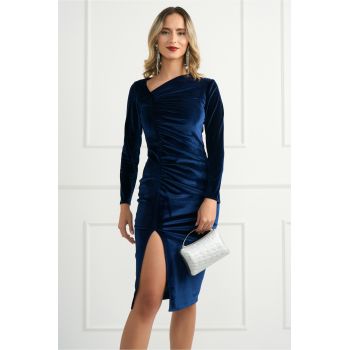 Rochie DY Fashion eleganta din catifea bleumarin cu fronseu