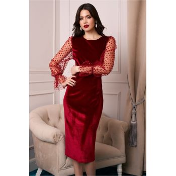 Rochie DY Fashion eleganta din catifea bordo cu maneci din tull cu buline