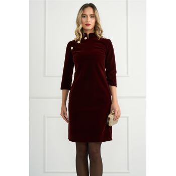 Rochie DY Fashion eleganta din catifea bordo cu nasturi la bust