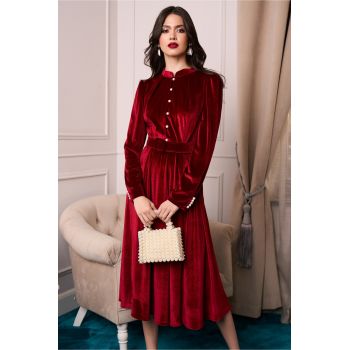 Rochie DY Fashion eleganta din catifea bordo cu nasturi si curea in talie