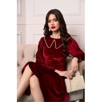 Rochie DY Fashion eleganta din catifea bordo cu perlute la guler