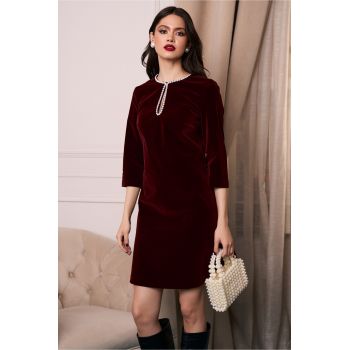 Rochie DY Fashion eleganta din catifea burgundy cu perle la bust