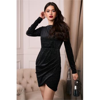 Rochie eleganta din catifea neagra cu glitter si fronseu