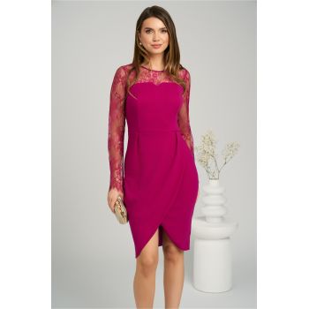 Rochie eleganta din stofa fucsia cu dantela la bust si maneci