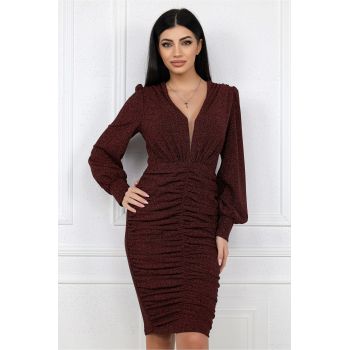 Rochie MBG eleganta din lurex bordo cu fronseu pe fusta